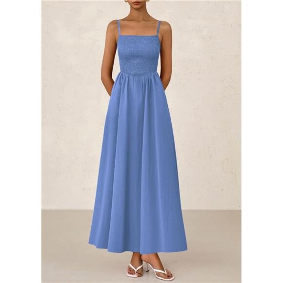 Women's Smocked | Maxi Dress | 2025 Summer | Beach Sundress | Casual | Blue - Picture 4 of 6